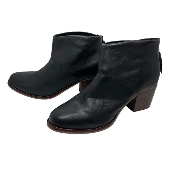 TOMS BLACK LEATHER HEEL ANKLE BOOTS 6.5 WOMENS BACK  ZIP TASSEL BOOTIES WOOD HEE - Picture 6 of 16